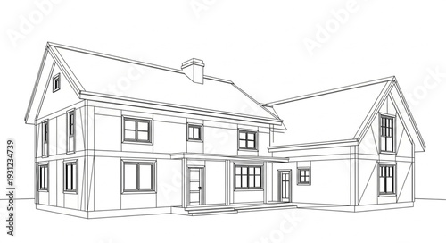 Architectural sketch of a detached house with dashed lines indicating construction.