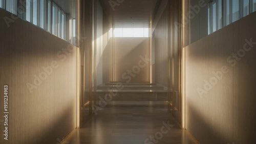 Sunlit corridor with windows on both sides, creating a serene and inviting atmosphere