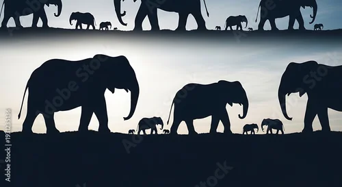 Fototapeta Elephant family walking in silhouette sunset.