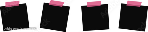 Four black square sticky notes with pink tabs on arranged in a row office supplies