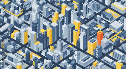Isometric cityscape illustration showing buildings and infrastructure