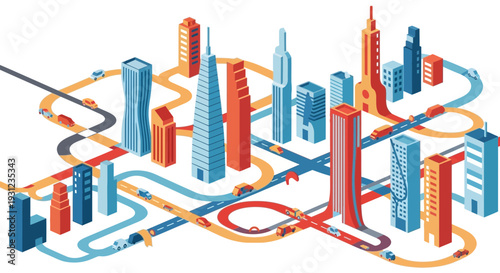 Isometric cityscape illustration with buildings and roads vector graphics