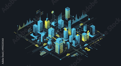 Isometric cityscape illustration with modern buildings and connected systems
