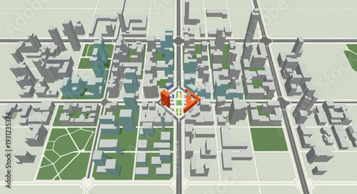 Isometric cityscape with buildings and green spaces for urban planning