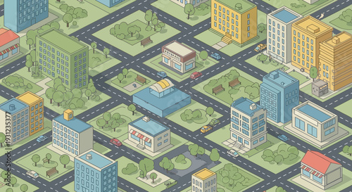 Isometric cityscape illustration with buildings roads and green spaces