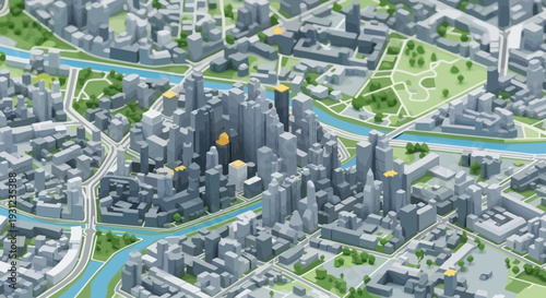 Isometric cityscape with river and parks for urban planning designs