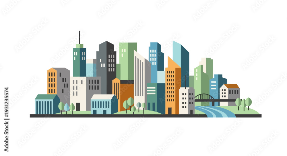 Obraz premium Modern cityscape illustration featuring skyscrapers and buildings on white background