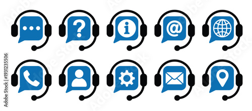 Customer Support Service Icons Set with Headphones, vector illustration collection featuring communication chat symbols, help center and assistance signs, call center symbols, and support service icon