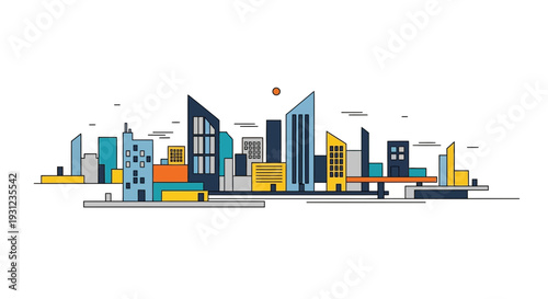 Modern cityscape illustration featuring colorful buildings and linear design