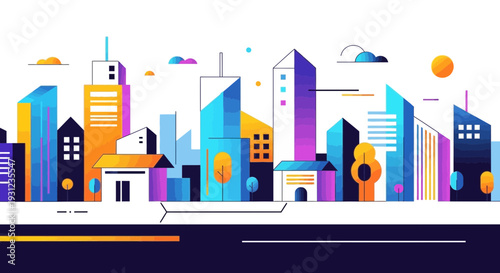 Modern cityscape illustration featuring colorful buildings and urban design