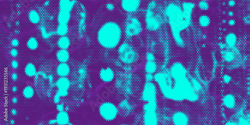 Vibrant abstract background featuring a hexagonal halftone pattern in neon cyan and deep purple tones. Organic flowing shapes and circular