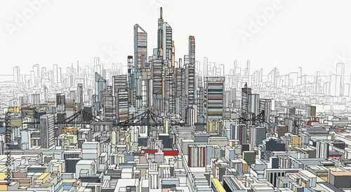 Modern cityscape illustration featuring skyscrapers and buildings on white