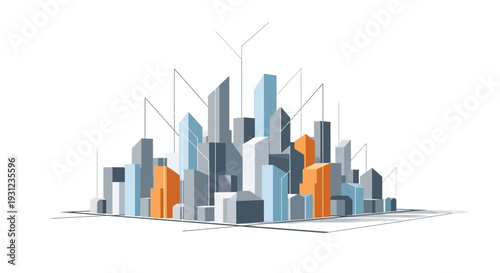 Modern cityscape rendered in transparent architectural style against white backdrop