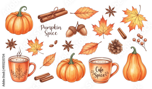 A vibrant illustration of autumnal elements including pumpkins and coffee