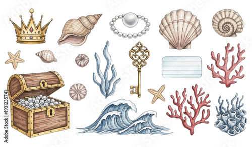 A colorful illustration of ocean treasures and seashells in a vector graphic design