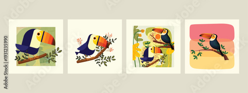 Set of bird toucan sits on trees, branch vector illustration background. Tropical birds collection.