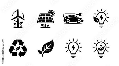 Set of black vector icons representing green energy, renewable resources, sustainability, electric vehicles, solar power, wind turbines, and recycling symbols on white.