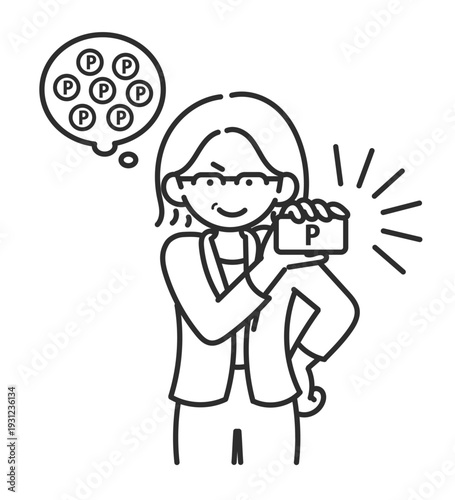 ポイントカードを持つポーズの40代女性のイラスト　線画のみ