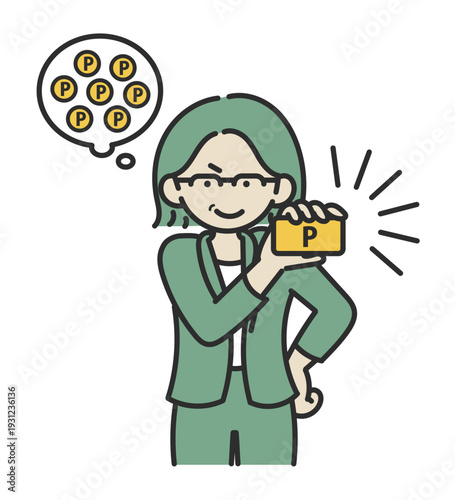 ポイントカードを持つポーズの40代女性のイラスト