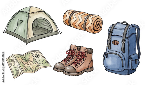 A vector graphic illustration of camping gear and equipment for outdoor adventure