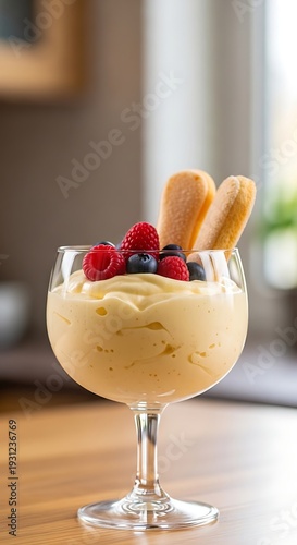 Tiramisu dessert with ladyfingers and berries.