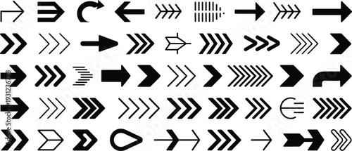 Set of black and white directional arrows and symbols in various shapes and styles