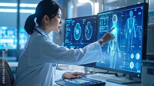 Female doctor analyzing medical scans on advanced computer screens in a modern