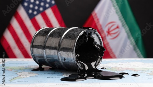 Oil spill on world map with US and Iran flags symbolizes tension and potential strikes
