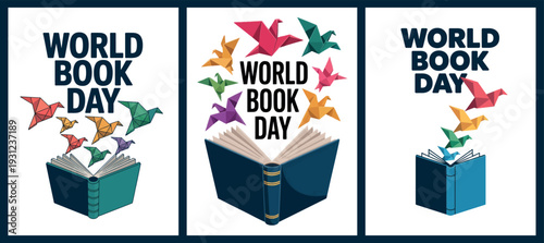 World Book Day Posters with Open Book and Origami Birds Illustration