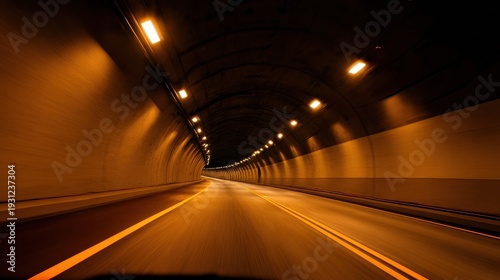 Driving through a bright with illuminated highway tunnel at speed.