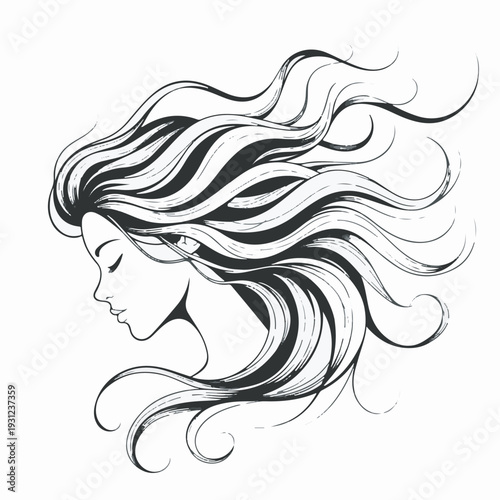 Elegant profile of a beautiful woman with long, flowing wavy hair, a serene and graceful illustration symbolizing natural beauty and freedom and feminine allure