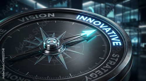 Innovative compass interface on dark background symbolizing vision, strategic direction, business transformation, creative leadership, and forward thinking corporate growth.