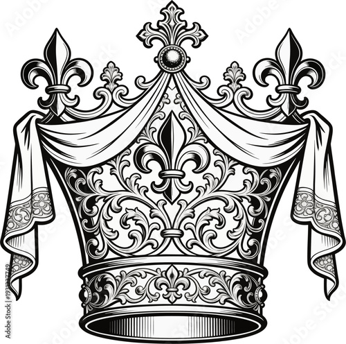 Exquisite Ornate Bishop Mitre Crown Vector with Fleur-de-Lis Cross Draped Lappets and Filigree Religious Emblem Design