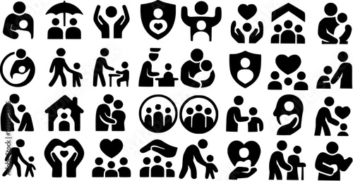 Family Care and Protection Icon Set – Parenting, Childcare, Support Silhouettes
