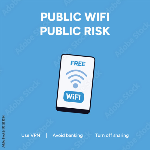 Informative vector graphic illustration displaying a mobile device connected to a free public wifi hotspot highlighting associated security risks and essential precautions for users.