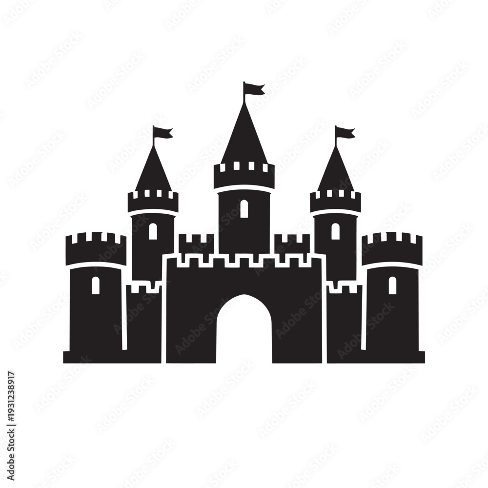 Fototapeta premium Black silhouette of a medieval castle with towers and flags on a white background