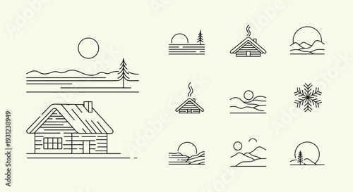 Black line drawing house with chimney.