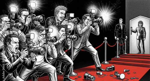 Celebrity arriving on red carpet surrounded by paparazzi.