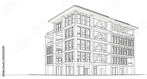 Architectural sketch of a vintage multi-story building with detailed windows.