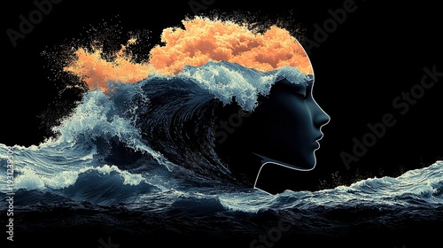 Mind Ocean: A surreal illustration depicts a woman's silhouette merging seamlessly with the ocean waves, with a touch of cloudscape, symbolizing the vastness and depth of the human mind.