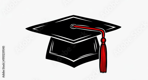 Black graduation cap with red tassel illustration.