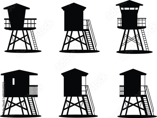 Lifeguard tower silhouette set, beach safety rescue station icons, coastal summer vacation watchtower vector illustration