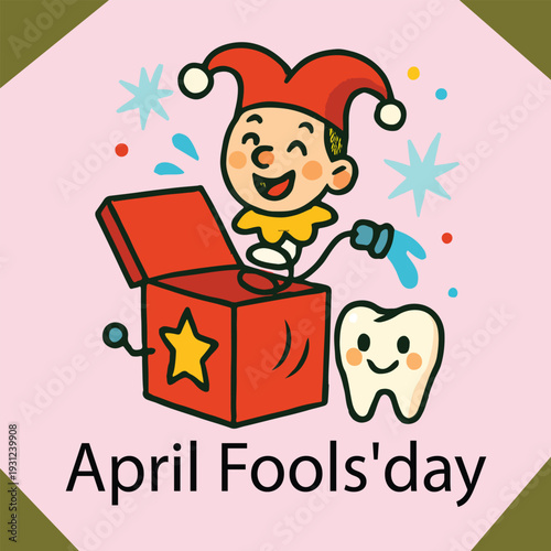 April Fools’ Day logo vector with jester jack-in-the-box, squirting flower, cartoon tooth, confetti, and bold text for playful celebration branding
