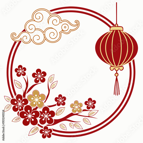 Elegant Chinese Red Lantern with Floral Circular Frame – Asian Decorative Vector Illustration