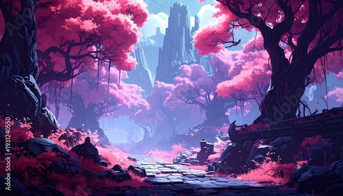 Journey through a Luminous Fantasy Forest with Vibrant Pink Blossom Trees and Majestic Towers Under a Mystical Sky, an Enchanted Path Beckons Deeper into an Otherworldly Realm