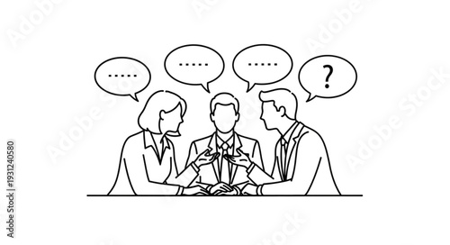 Business meeting discussion with speech bubbles and question mark.