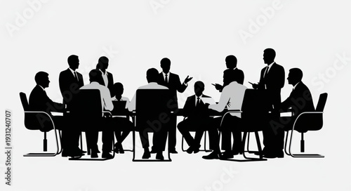 Business meeting silhouette of people around a table discussing ideas.