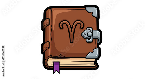 Ancient mystical tome adorned with a cosmic ram symbol, containing secrets of the stars and fate