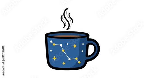 Hot constellation mug with steam illustration with stars and zodiac signs
