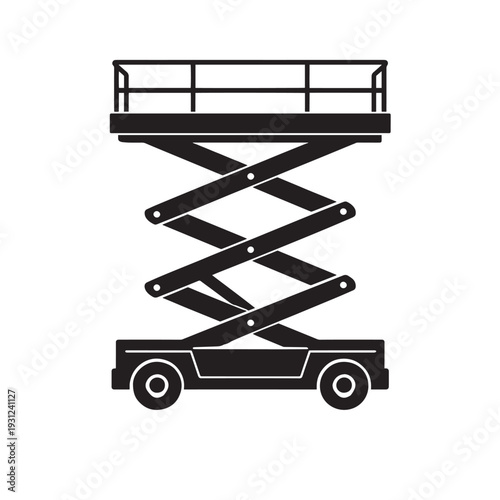 Black scissor lift with platform and wheels on white background construction equipment aerial